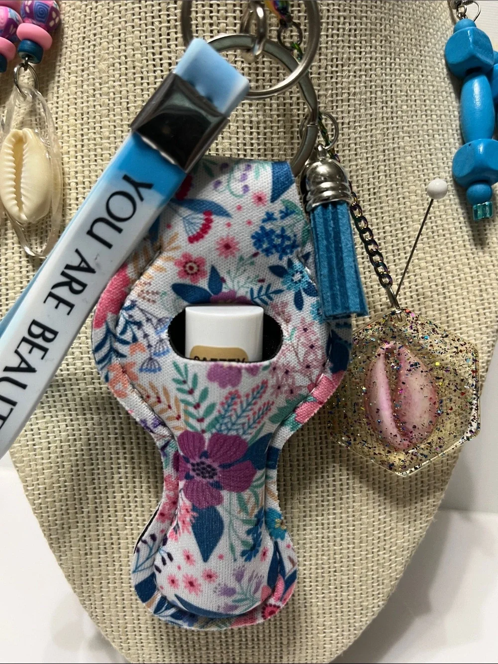Floral Blue Lip Balm Detachable Keychain You Are Beautiful Wristlet 2 pr Earring